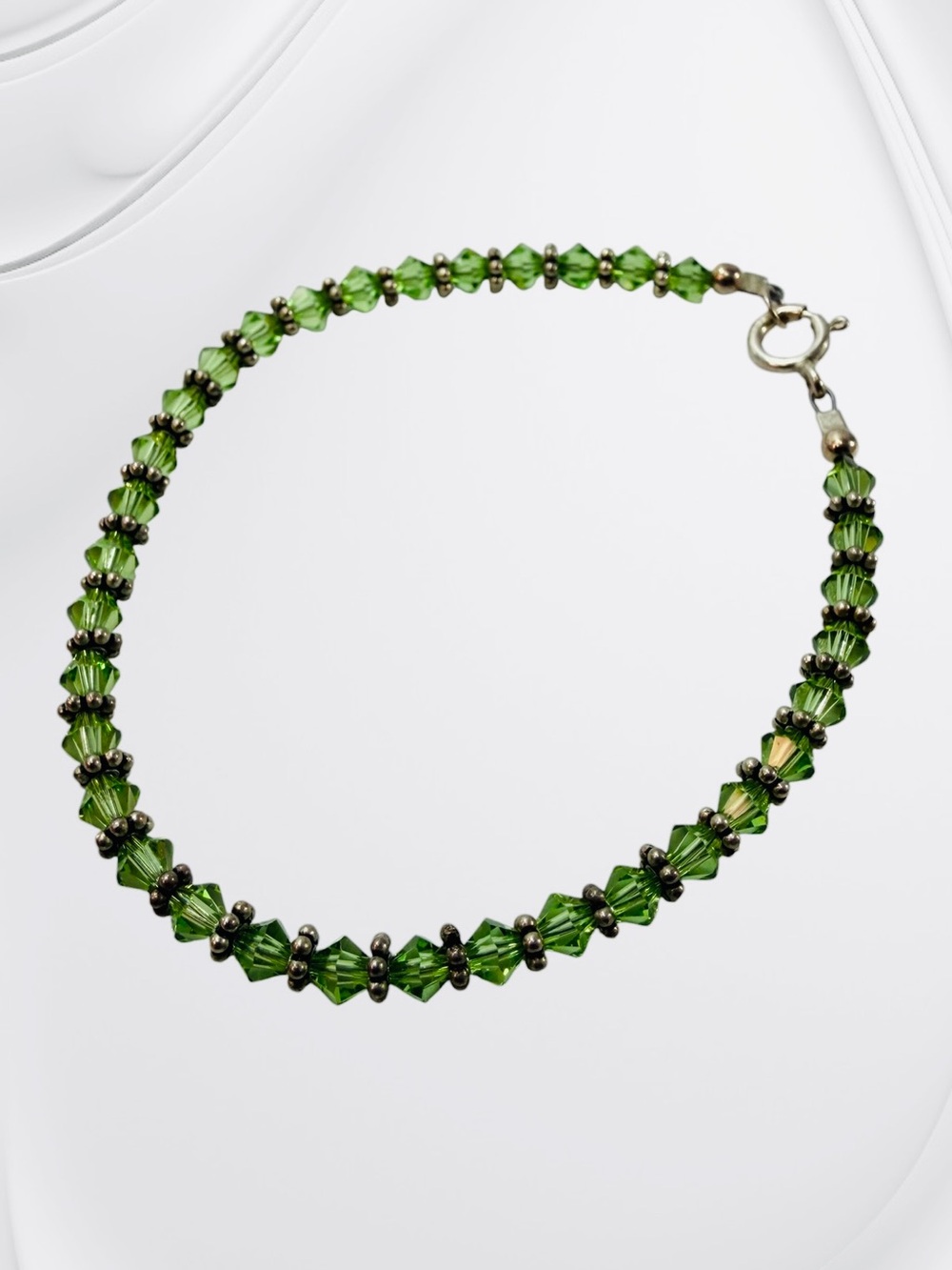 Vintage Sterling Silver 925 Emerald Green Faceted Beaded Bracelet Daisy Spacer